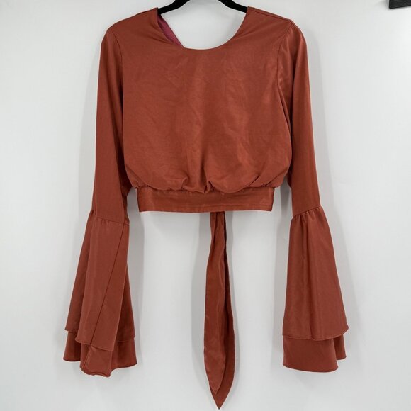 Louna Burnt Orange Tie-Back Long Bell Sleeve Cropped Top,  L Polyester/Spandex/R - Picture 3 of 11